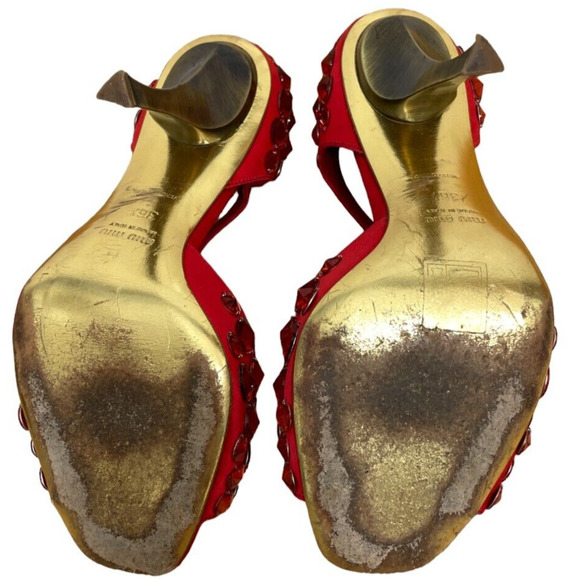 Miu Miu Prada Heels D'Orsay T Strap Jeweled Stiletto Peep Toe Silk Red 36.5 6.5 - Picture 8 of 11